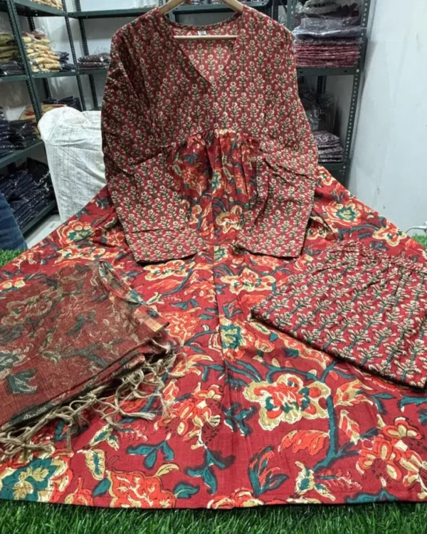 Kalamkari Print Cotton Maroon Anarkali Kurti Set
