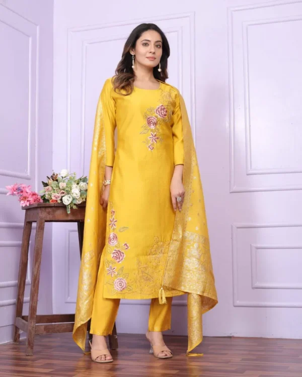 Yellow Russian Silk Kurti Pant Set