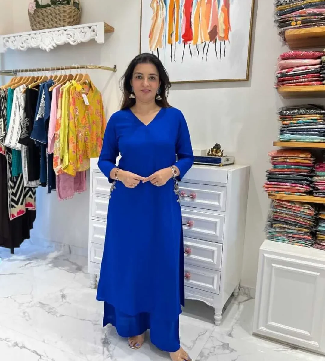 Office Wear Blue Kurti With Palazzo Set