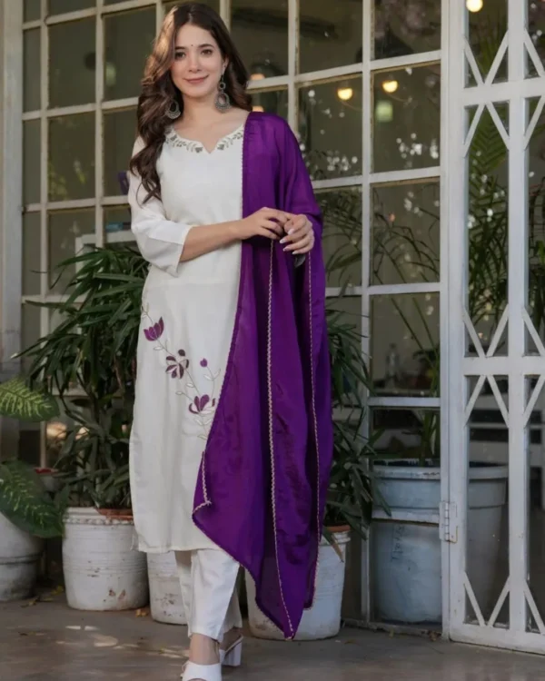 White Rayon Kurti Pant & Dupatta Set