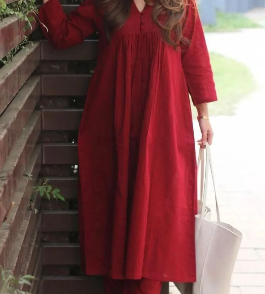 Office Wear Cotton Red Kurti With Pant