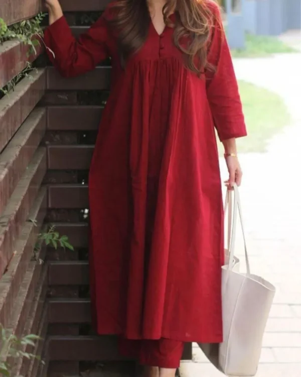 Office Wear Cotton Red Kurti With Pant