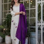 White Rayon Kurti Pant & Dupatta Set