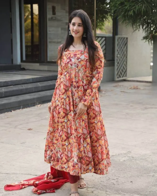 Orange Multi Colour Anarkali Suit​ Set