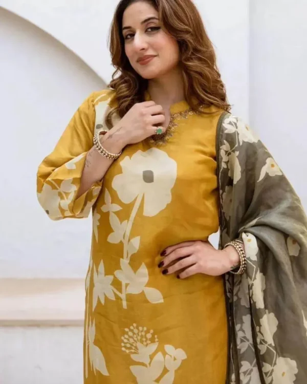 Yellow Colour Long Kurti Pant Dupatta Set