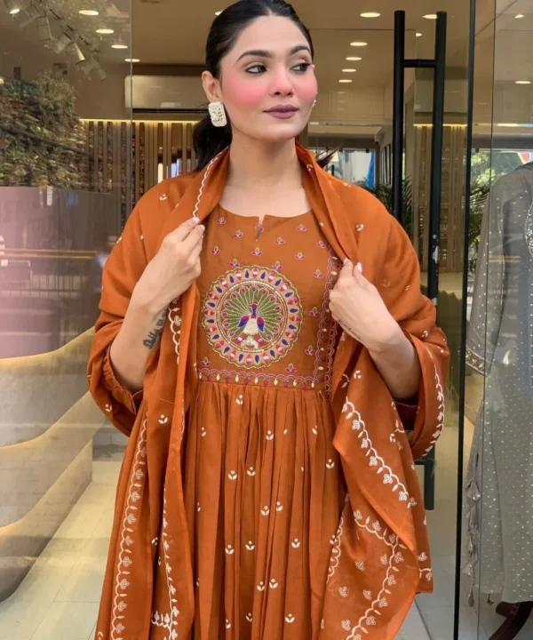 Orange Colour Cotton Kurti​ Pant Dupatta Set