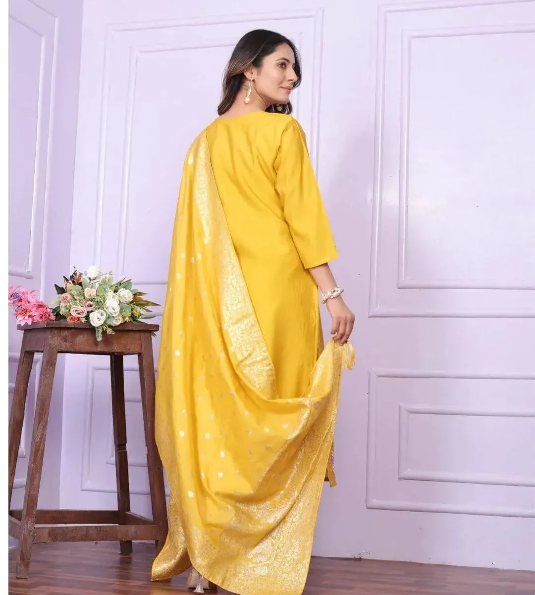 Yellow Russian Silk Kurti Pant Set
