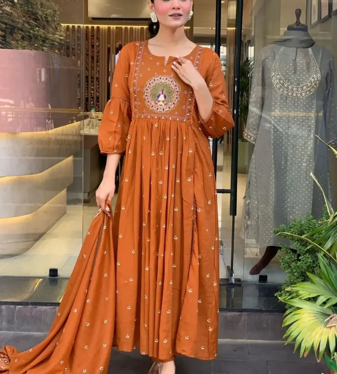 Orange Colour Cotton Kurti​ Pant Dupatta Set