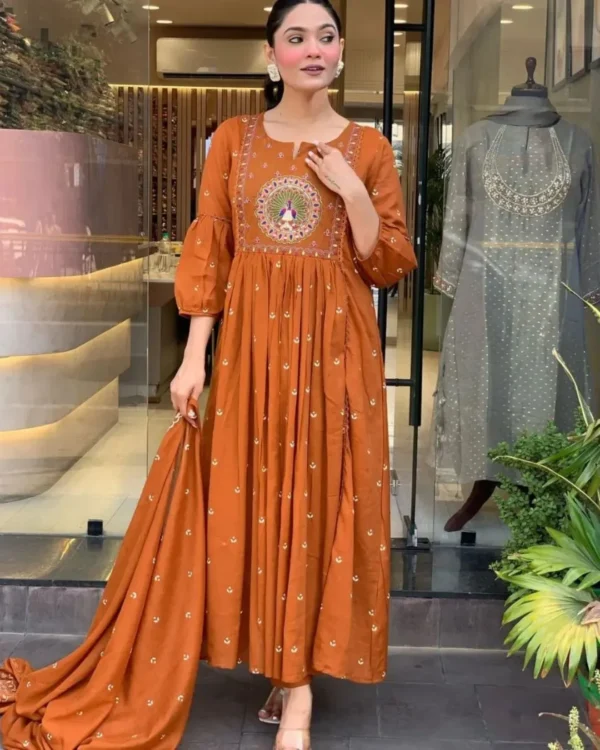 Orange Colour Cotton Kurti​ Pant Dupatta Set