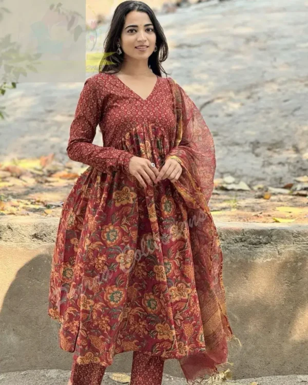 Kalamkari Print Cotton Maroon Anarkali Kurti Set