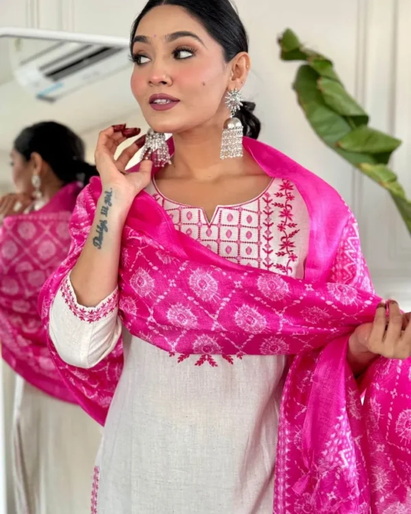 White Kurti With Pink Dupatta