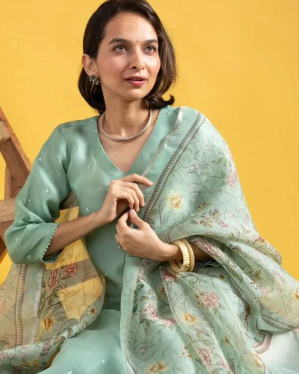 Green Viscose Chanderi Kurti Set