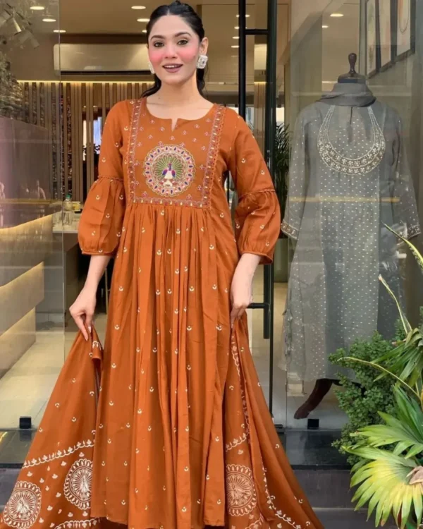 Orange Colour Cotton Kurti​ Pant Dupatta Set