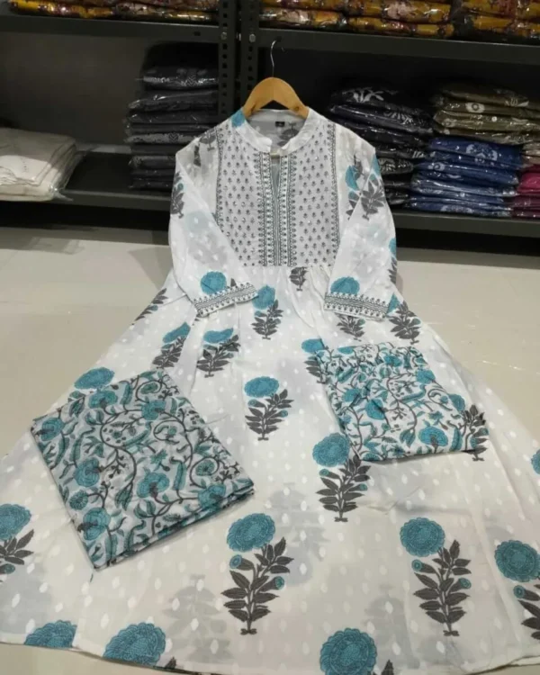 Blue Floral White Kurti Set