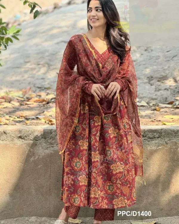 Kalamkari Print Cotton Maroon Anarkali Kurti Set