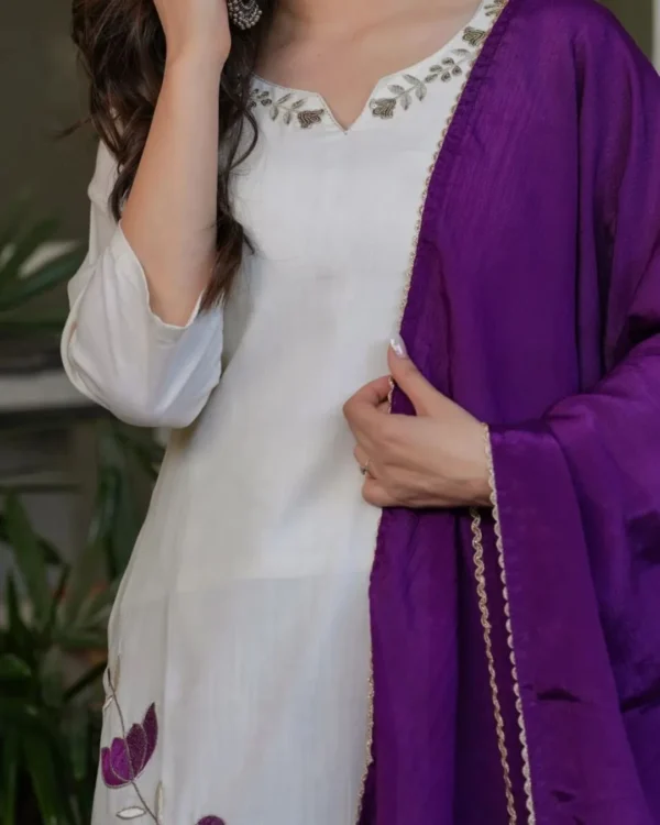White Rayon Kurti Pant & Dupatta Set