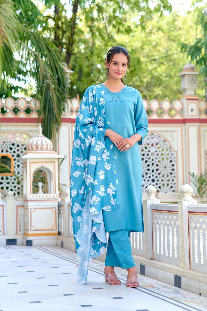 Viscose Rayon Sky Blue Kurti Set