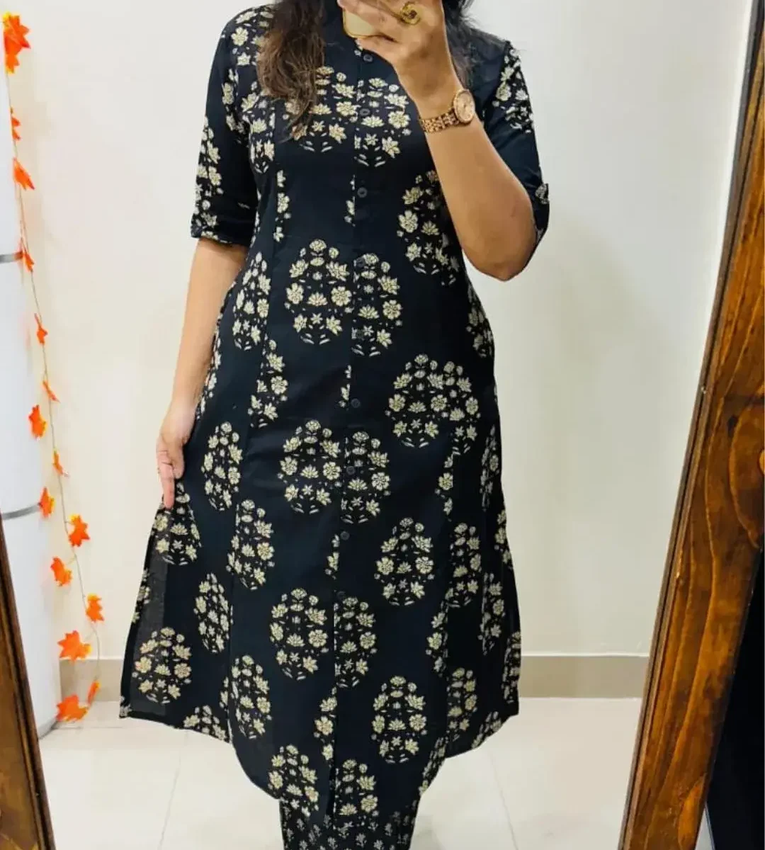 Black Cotton Kurti Pant Set