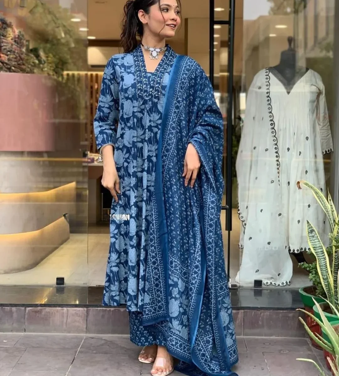 Blue Floral Cotton Kurti Set