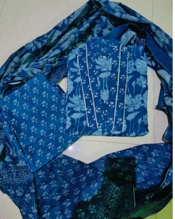 Blue Floral Cotton Kurti Set (2)