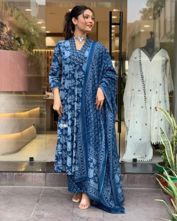 Blue Floral Cotton Kurti Set