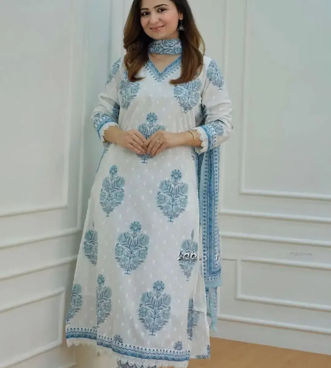 Blue Floral White Kurti Set