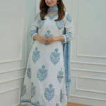 Blue Floral White Kurti Set