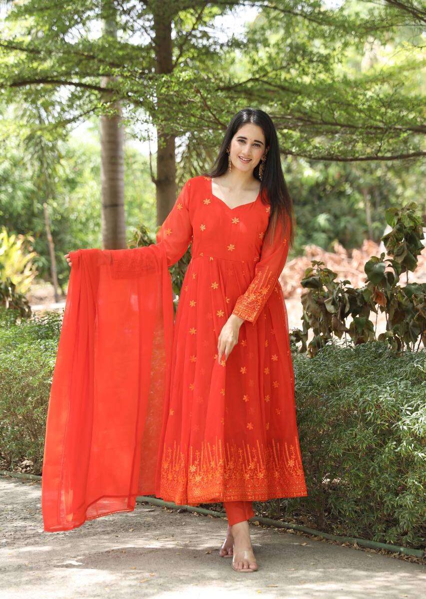 orange Georgette Anarkali Suit Set