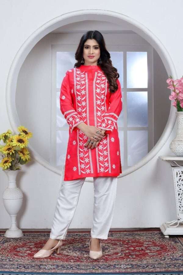 Red Chikankari Embroidery Short Kurti With Pant