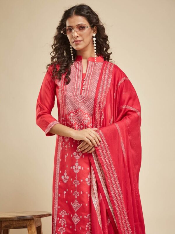 Red Viscose Chanderi Kurti Set