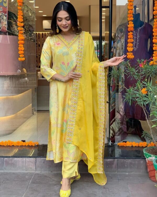 Yellow Colour Long Kurti Pant Set