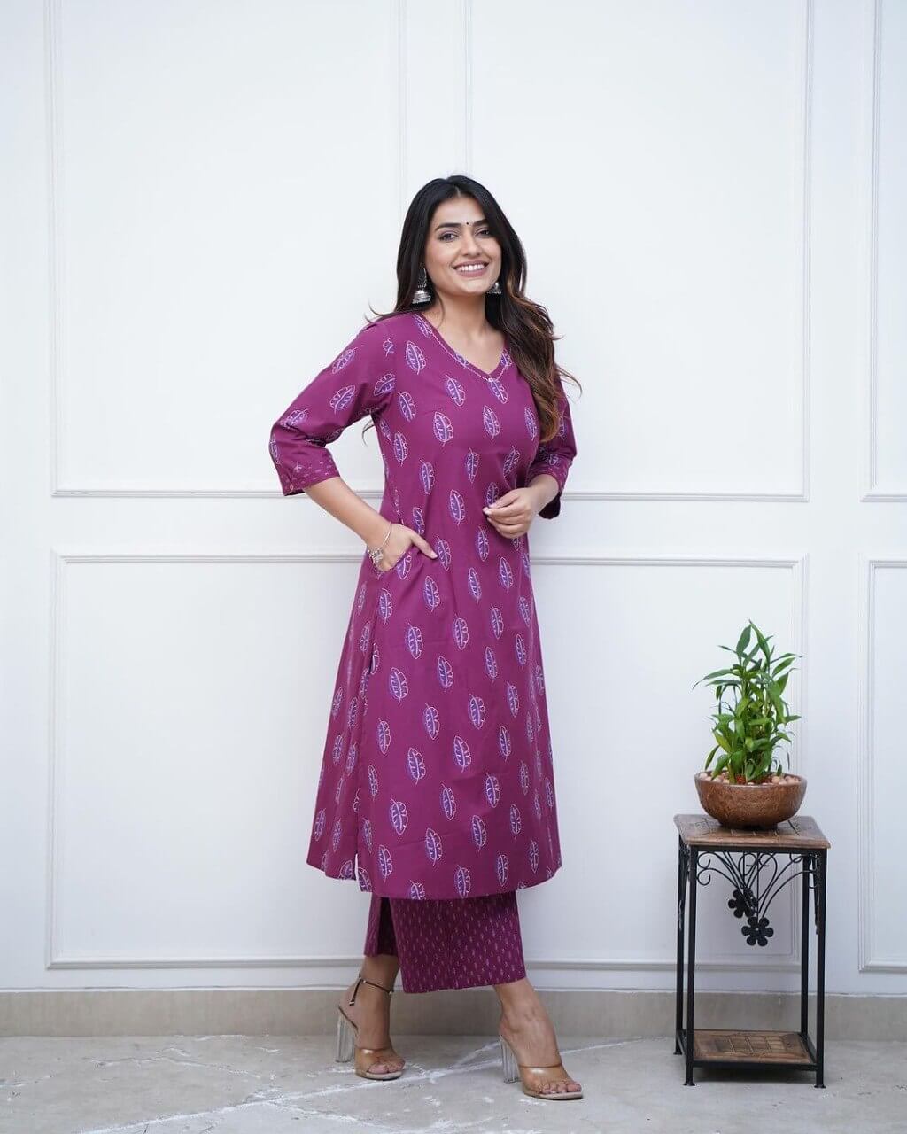 purple Print Kurti Pant Set