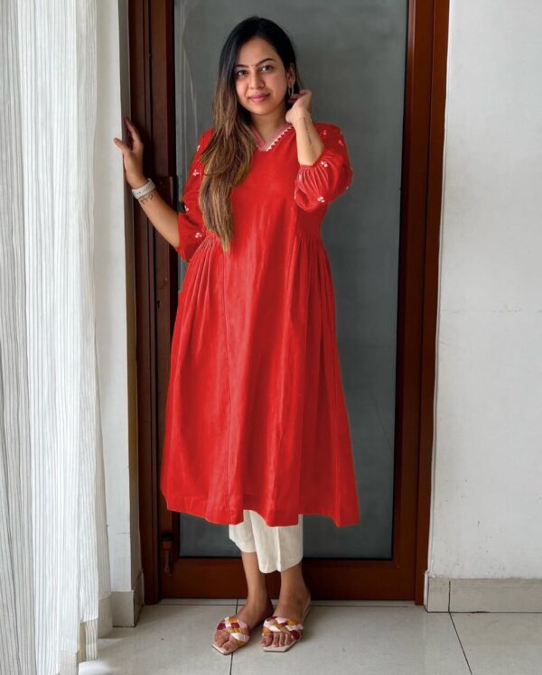 Office Wear Cotton Red Kurti With Pant