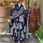 Navy Blue Cotton Kurti Pant Dupatta Set​