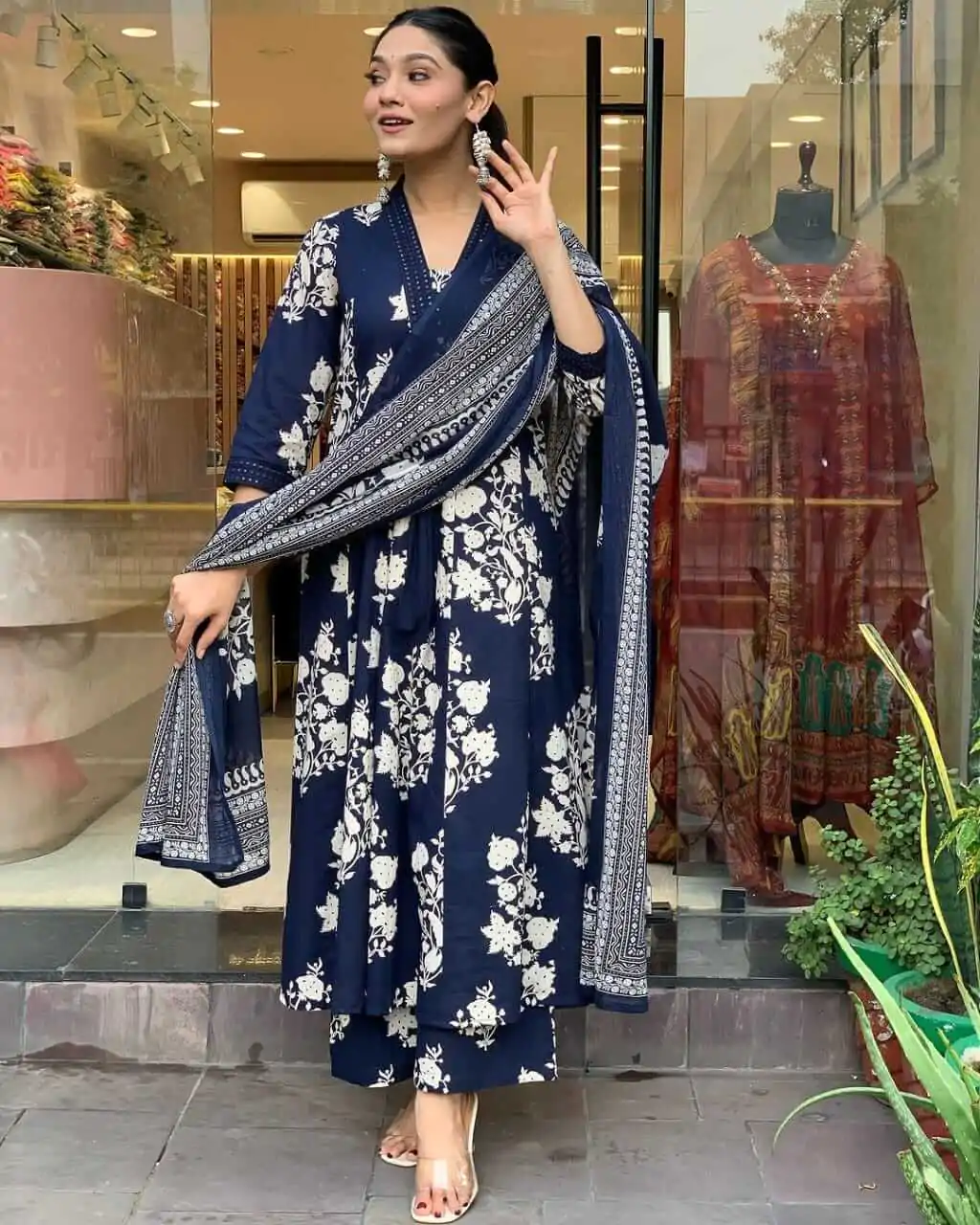 Navy Blue Cotton Kurti Pant Dupatta Set​