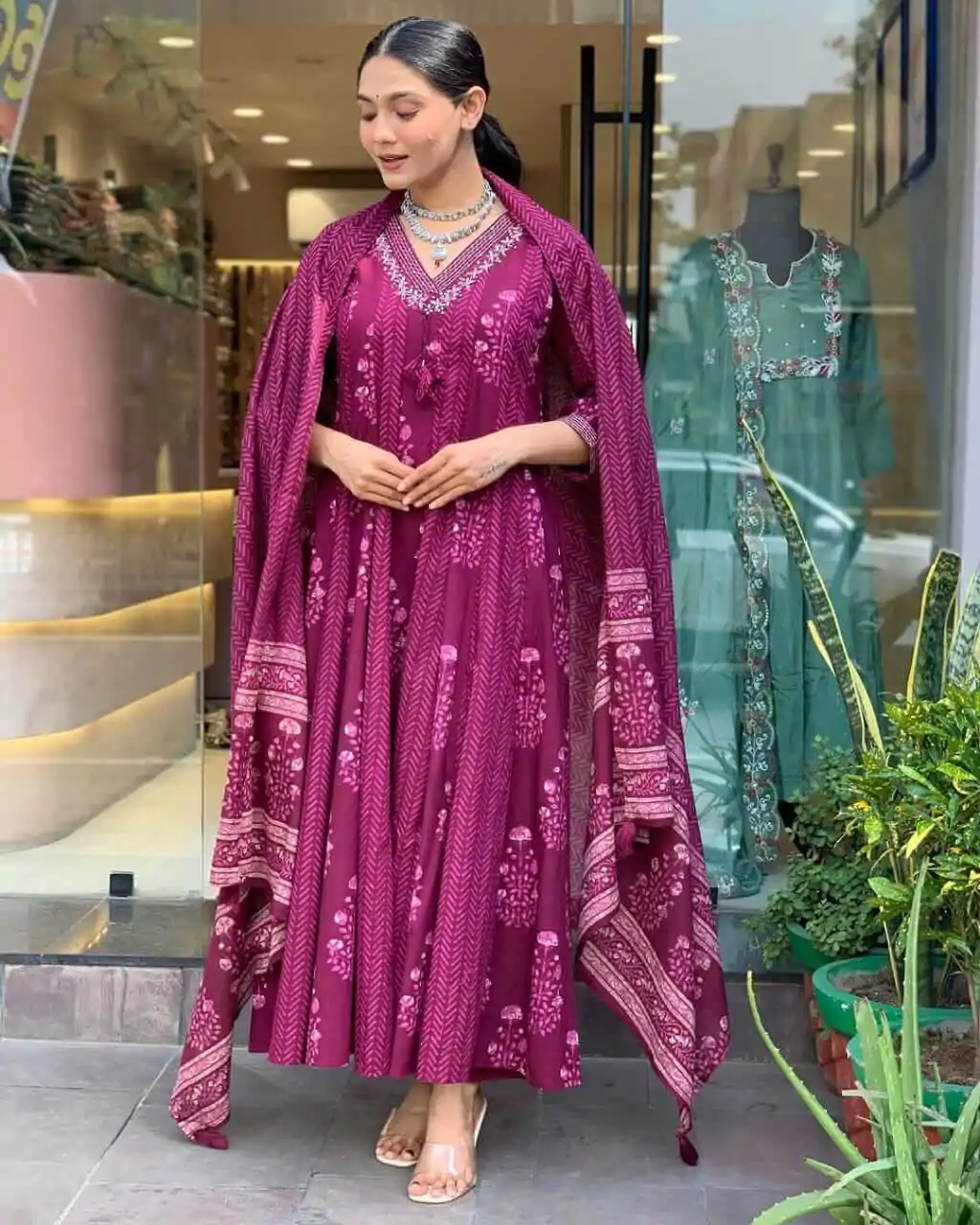 Purple Cotton Kurti Pant Dupatta Set​