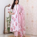 Pink Floral White Kurti Set