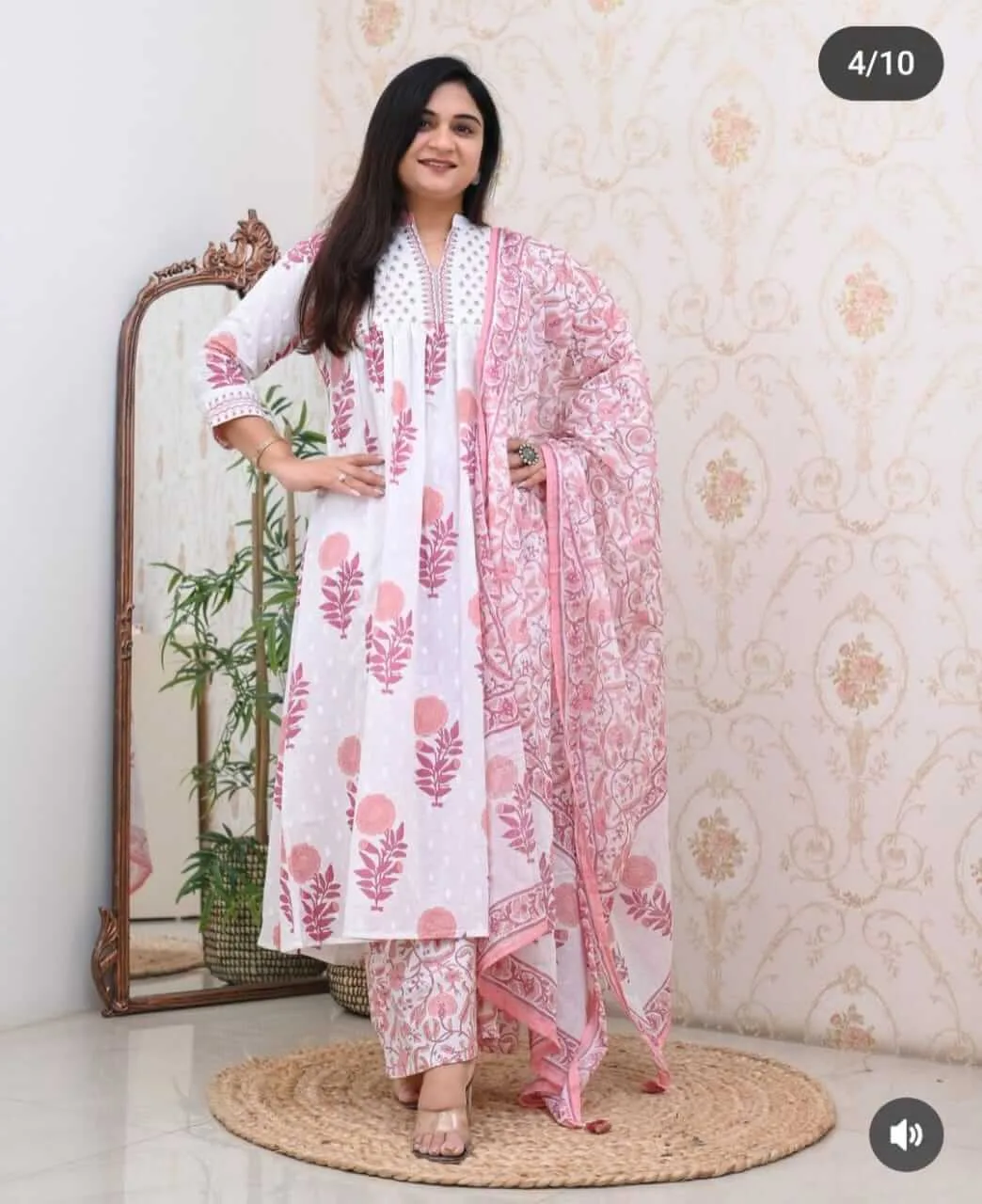 Pink Floral White Kurti Set
