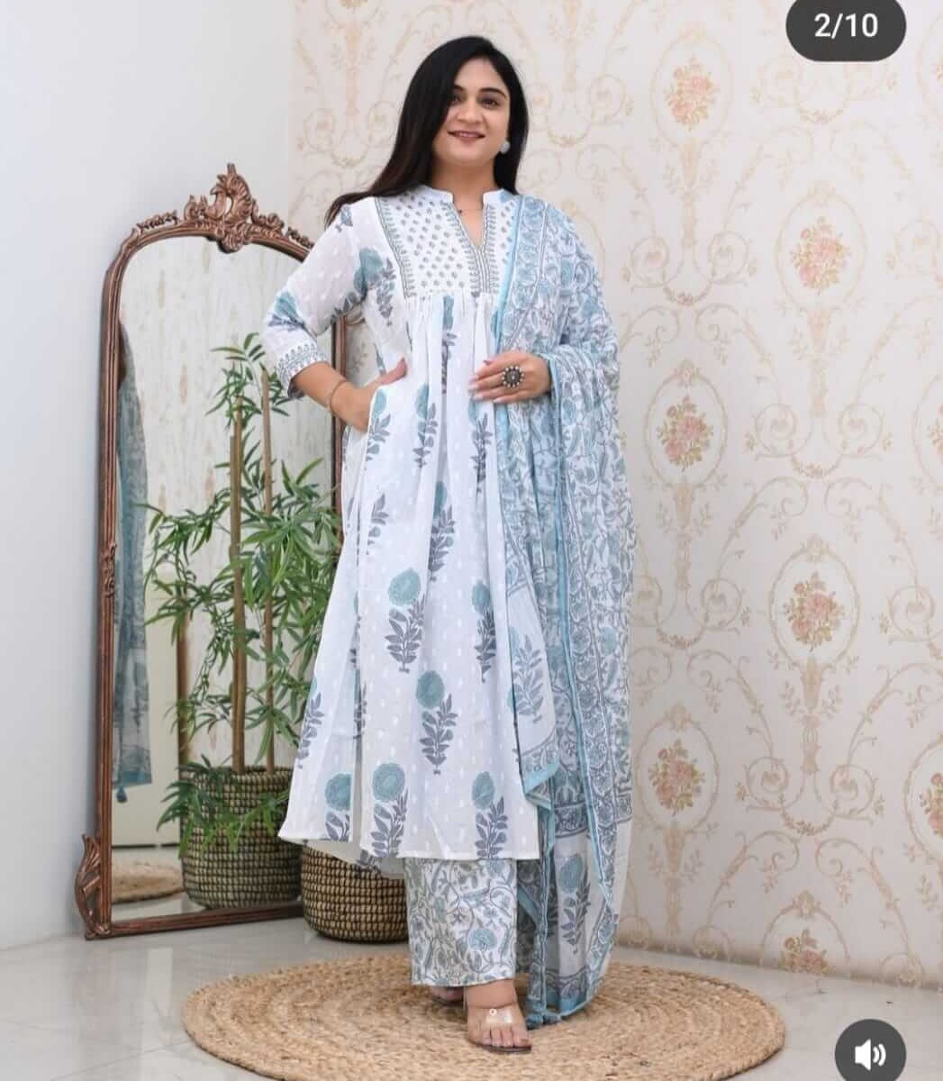 Blue Floral White Kurti Set