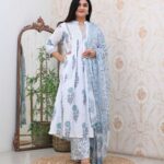 Blue Floral White Kurti Set