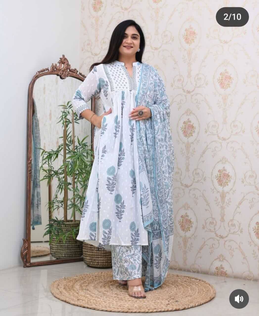 Blue Floral White Kurti Set