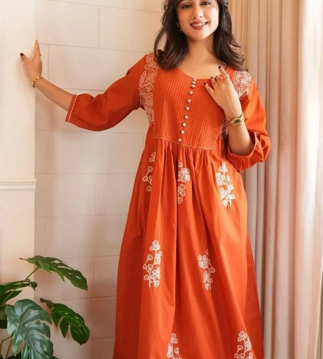 Orange Colour Cotton Kurti​ Pant Dupatta Set