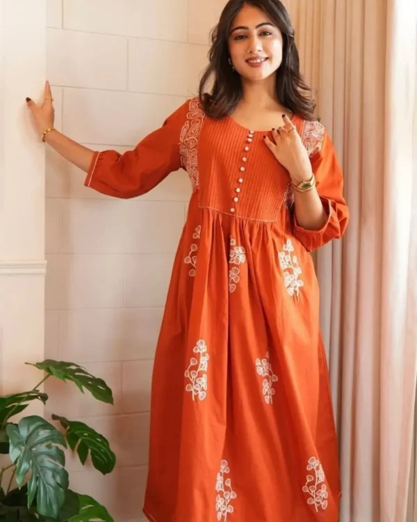 Orange Colour Cotton Kurti​ Pant Dupatta Set