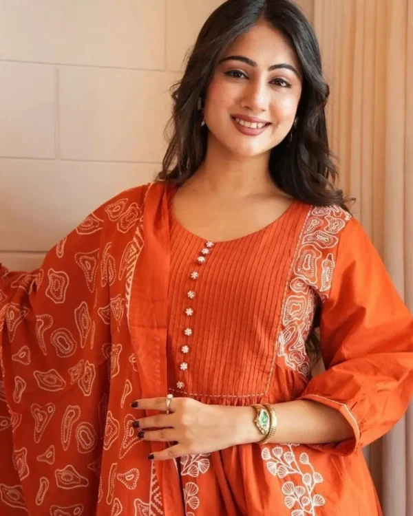 Orange Colour Cotton Kurti​ Pant Dupatta Set Front