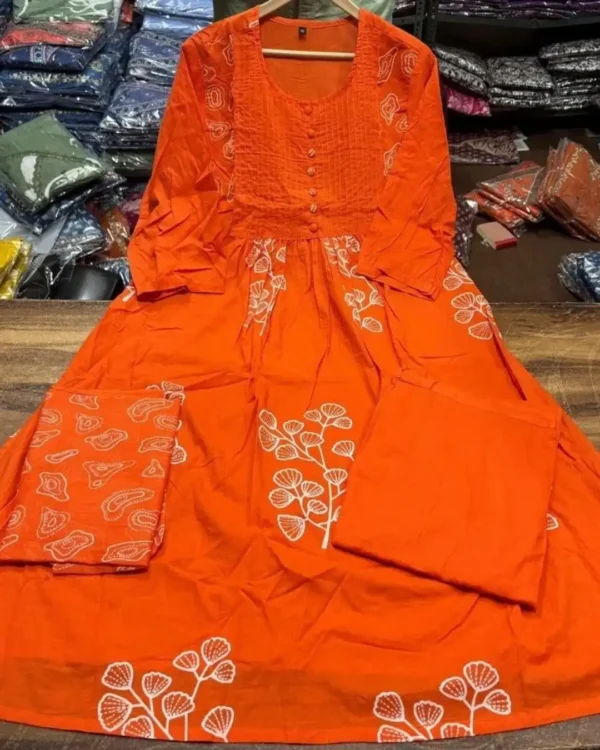 Orange Colour Cotton Kurti​ Pant Dupatta Set real