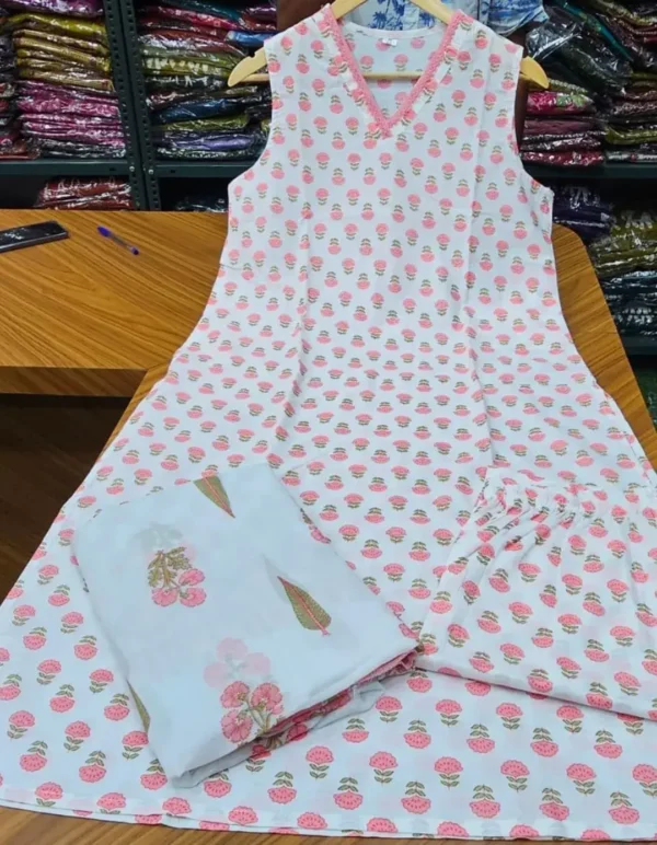 Pink Floral White Kurti Set 1