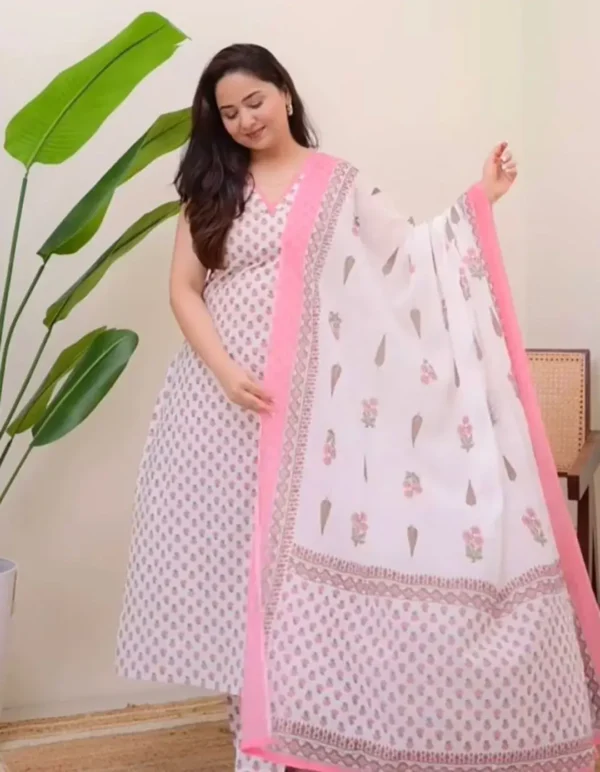 Pink Floral White Kurti Set