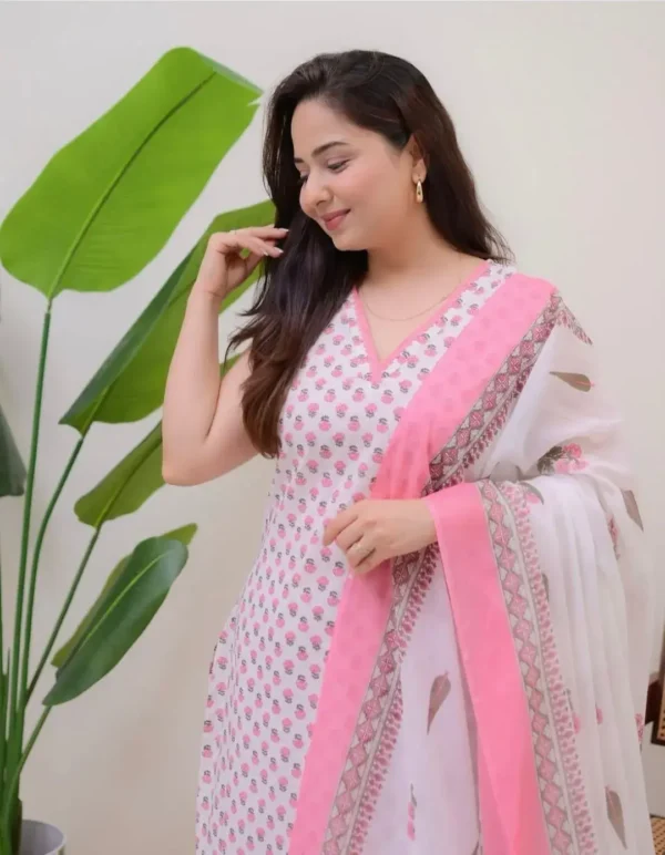 Pink Floral White Kurti Set Front
