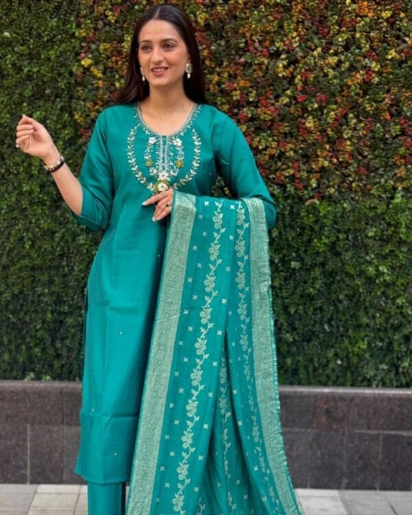 Rama Green Silk Kurti Set 1