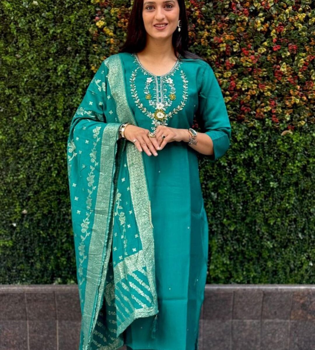Rama Green Silk Kurti Set 1